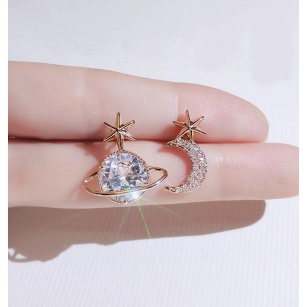 Star & Moon Statement Stud Earrings Asymmetrical Yellow Gold Accent Fine Jewelry